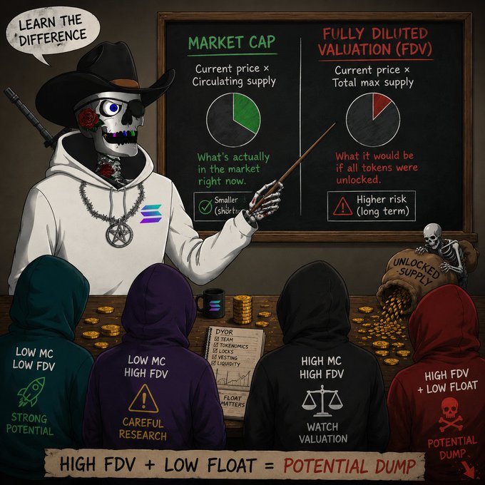 An educational illustration of a skeleton teacher explaining the difference between 'MARKET CAP' and 'FULLY DILUTED VALUATION (FDV)', warning viewers that 'HIGH FDV + LOW FLOAT = POTENTIAL DUMP'.