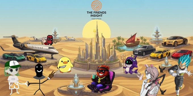 The image features a cartoon-like scene set against a desert landscape, with various characters such as a bird, a person holding a gun, and other characters interacting within this unique environment. The text "The Friends Insight" is displayed above the scene, indicating that this is an advertisement or promotional material for a company named TFI Insight.