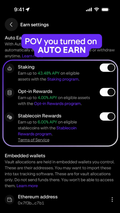 The image displays Kraken's "Earn settings" screen with a purple highlight around three toggle options: Staking (up to 43.48% APY), Opt-in Rewards (up to 4.00% APY), and Stablecoin Rewards (up to 6.00% APY), all shown in the enabled position. The overlay text reads "POV you turned on AUTO EARN," reinforcing the PSA's message about enabling Auto Earn to earn yield on eligible assets.