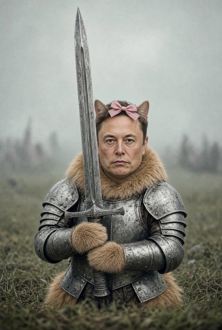 An AI-generated image of Elon Musk depicted as a knight in medieval armor with cat ears and a pink bow, holding a sword.