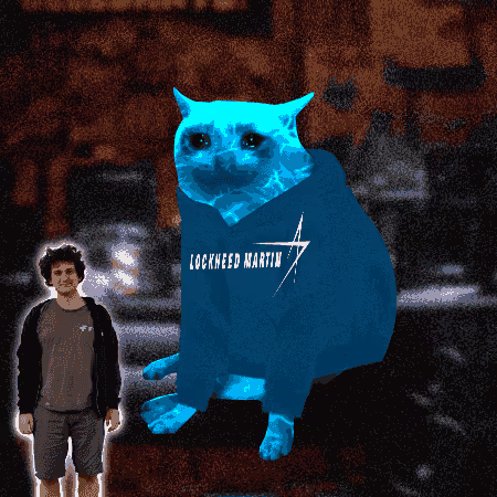 A person stands next to an oversized blue-tinted cat wearing a "LOCKHEED MARTIN" hoodie, visually illustrating the "Cashcat NFT" being given away in the rug story contest.