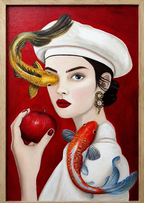 A surreal painting of a woman in a white beret and red lipstick holding a red apple, with a yellow fish replacing one eye and a koi fish draped over her shoulder against a red background.