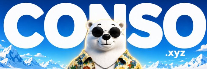 A bright blue-and-white meme-style banner reads “CONSO” across the top, with a cartoon polar bear wearing sunglasses and a floral shirt in front of snowy mountains; “xyz” appears near the lower right.