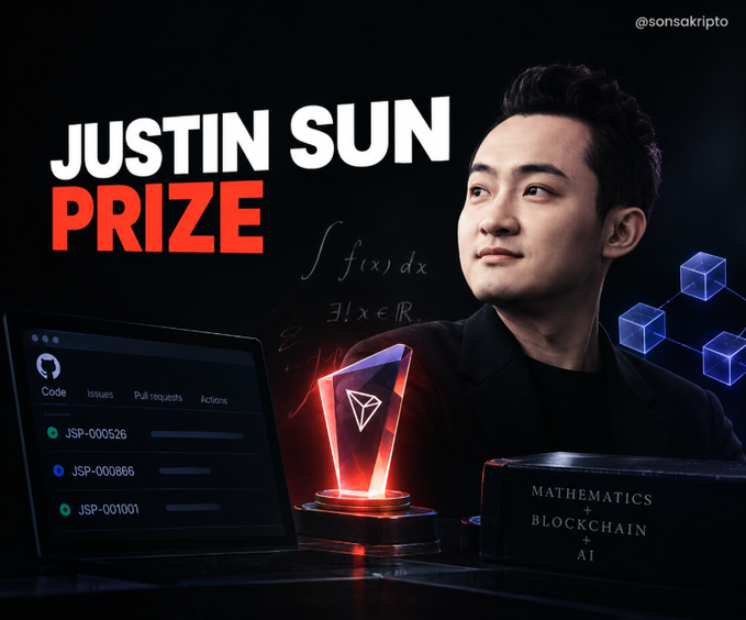 Promotional graphic for 'JUSTIN SUN PRIZE' by @sonsakripto showing Justin Sun's portrait, a GitHub-style interface with code IDs JSP-000526, JSP-000866, and JSP-001001, a glowing Tron trophy, and a 'Mathematics Blockchain AI' book.