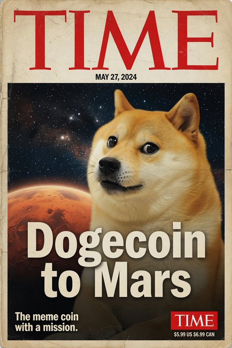 A TIME magazine cover from May 27, 2024 featuring a Shiba Inu dog in space with the headline 'Dogecoin to Mars' and subtitle 'The meme coin with a mission.'