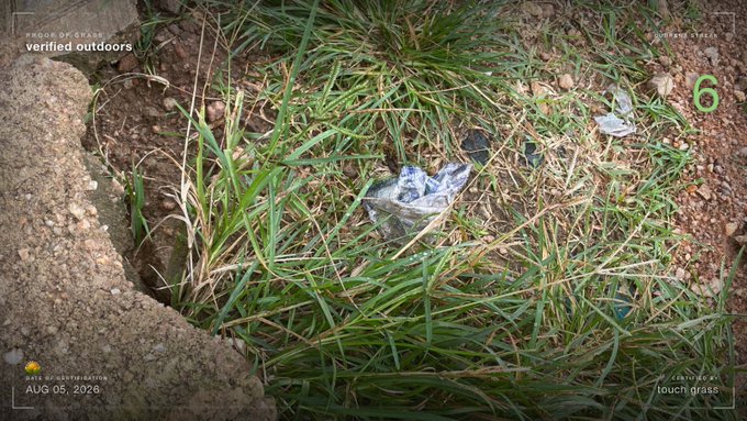 A grainy screenshot from "verrified outdoors" dated AUG 05, 2026, showing a small hole in the dirt with some debris and grass in the surrounding area.