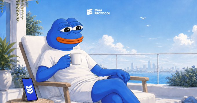 A blue Pepe-style character in a white t-shirt lounges on a balcony chair holding a coffee cup, with the "EVAA PROTOCOL" logo displayed above and a phone showing the EVAA app nearby, set against a scenic ocean and city skyline. The image's relaxed "assets in action" vibe reinforces the post's message that wallet holdings are just the starting point—EVAA lets those same assets work harder through lending and DeFi strategies on TON.