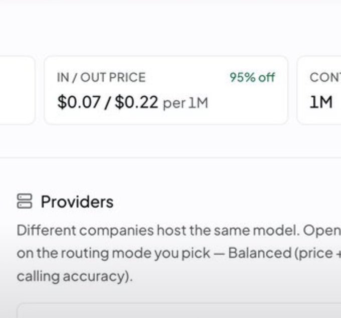 The image displays a pricing card showing an "IN / OUT PRICE" of "$0.07 / $0.22 per 1M" tokens with a "95% off" label, along with a "Providers" section explaining that different companies host the same model with options for routing modes like Balanced pricing. This visually confirms the post's claim about Ziphu's aggressive 95% price reduction for GLM-5.2, matching the exact $0.07 input and $0.22 output rates mentioned in the caption.