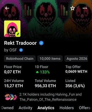 An OpenSea NFT listing for 'Rekt Tradeooor' collection by verified user 'OSF' on the Robinhood Chain, showing a floor price of 0.07 ETH, 2.1K holders, and a listed price of 0.0609 WETH.