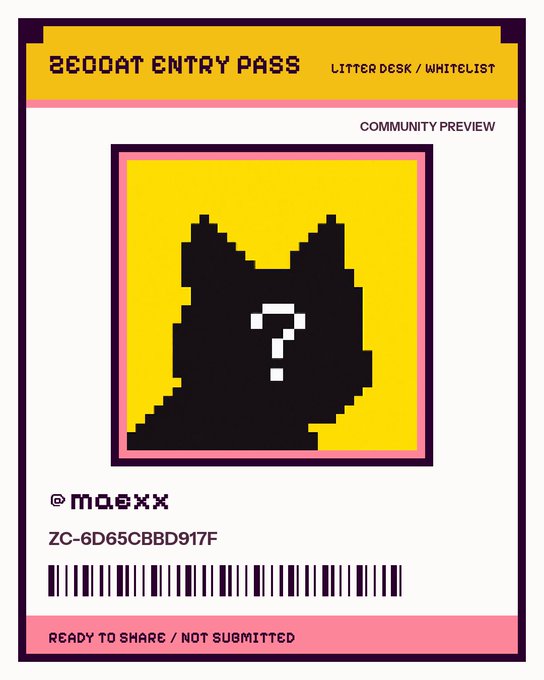 A 'BEDOAT ENTRY PASS' NFT-style ticket featuring a pixel art black cat silhouette with a question mark, labeled as 'Litter Desk / Whitelist Community Preview' with '@m0.exx' username.