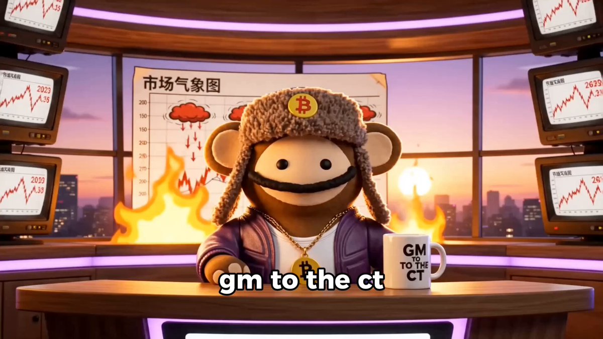The image features a cartoon monkey wearing a purple jacket sitting at a desk, likely operating a computer. A fire appears behind the monkey, adding intensity to the scene. A caption reads "gm to the ct can't even check my bags every charts a flatline and the whole damn timeline drag we chase the green we chase the high we chase the by-and-by and it got my missing everybody back before infofi". The monkey is also described as wearing a hat and carrying a mug.