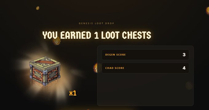 A loot chest reward screen announces "YOU EARNED 1 LOOT CHESTS" from a "GENESIS LOOT DROP" alongside a Degen Score of 3 and Chad Score of 4, visually highlighting the Cambria Loot Chest airdrop offering $RSGP tokens to active users.