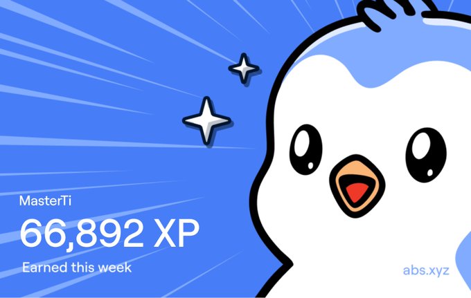 The image features a cartoon penguin with a blue background, giving it a playful appearance. The penguin has its beak open wide as if saying "Hello!". In front of the penguin, there's text that reads "MasterIt! 66,892 XP this week". This post is about a game or achievement, and the penguin seems to be celebrating with a big smile on its face.