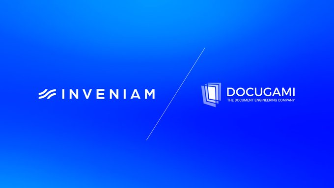 A blue background displaying two company logos: 'INVENIAM' on the left and 'DOCUGAMI - THE DOCUMENT ENGINEERING COMPANY' on the right, separated by a diagonal line.