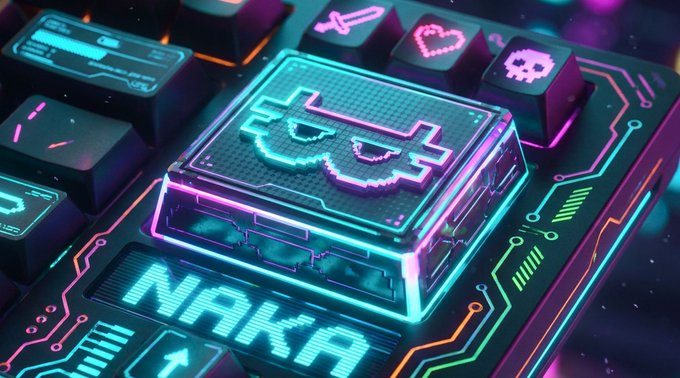 A glowing neon-lit keyboard features a pixel-art ninja keychain, a sword, heart, and skull icon, with "NAK'A" displayed in cyan lettering below. The cyberpunk "hunt" aesthetic ties directly to the "GM Hunters! Targets locked, rewards incoming" post, evoking a gaming or crypto-bounty vibe.