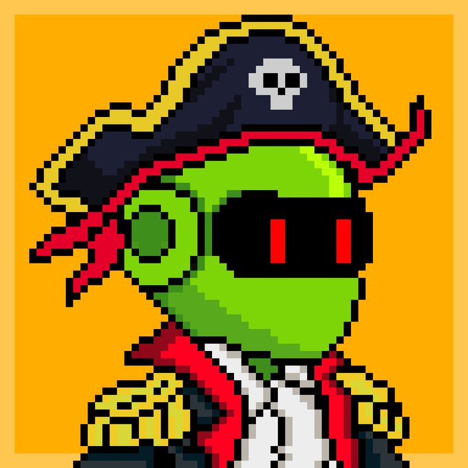 Pixel art of a green-skinned character wearing a pirate hat with a skull and crossbones, a red eyepatch, and a red and yellow coat.