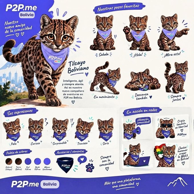 A character design sheet for 'P2P.me Bolivia' featuring a leopard mascot named 'Tilcayo Boliviano' in various poses, expressions, and color palettes.