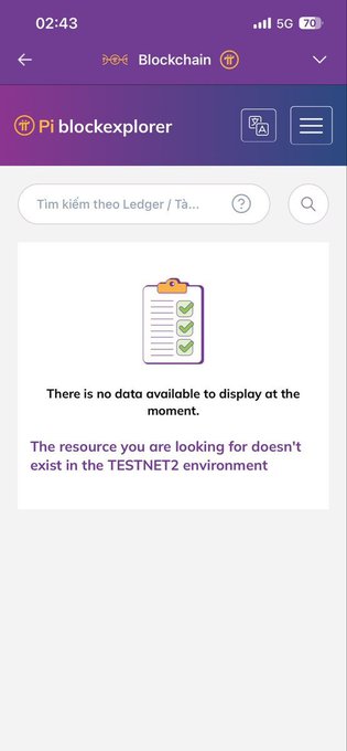 A screenshot of the Pi Network blockexplorer on a mobile device displays "There is no data available to display at the moment" and "The resource you are looking for doesn't exist in the TESTNET2 environment," highlighting the transition between Pi's Testnet2 and the upcoming mainnet protocol upgrade to V27.