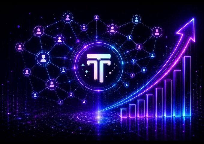 Digital artwork depicting a glowing Pi cryptocurrency symbol surrounded by a network of user icons, with a rising bar chart and arrow indicating growth.