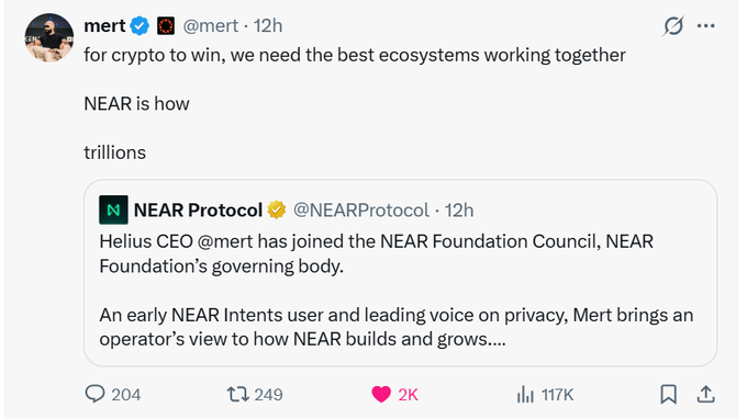 A tweet from @mert (CEO of Helius) announces that he has joined the NEAR Foundation Council, with Mert commenting that "for crypto to win, we need the best ecosystems working together" and calling NEAR "how trillions" are built. The post highlights this as notable news given Mert's influential history with Solana and Zcash, suggesting NEAR may react positively to his appointment on its governing body.