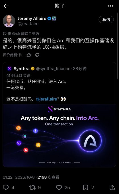 A social media post in Chinese showing a conversation between Jeremy Allaire (@jerallaire) and Synthra (@synthra_finance), with Synthra's advertisement reading 'Any token. Any chain. Into Arc. One transaction.' displayed in a purple graphic.
