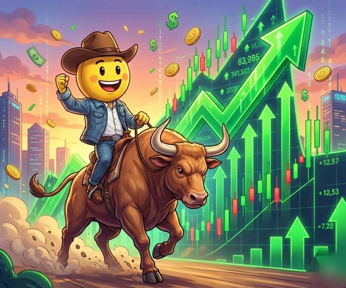 A cheerful cowboy emoji rides a bullish brown bull through a stock chart showing upward green arrows and rising candlesticks with values like +12.57, +12.53, and +7.22, while dollar signs and gold coins rain down around them. The image visually reinforces the post's bullish hype for the $CREPE token, portraying a classic "bull run" scene that suggests massive upward price momentum like the Shiba Inu hype.