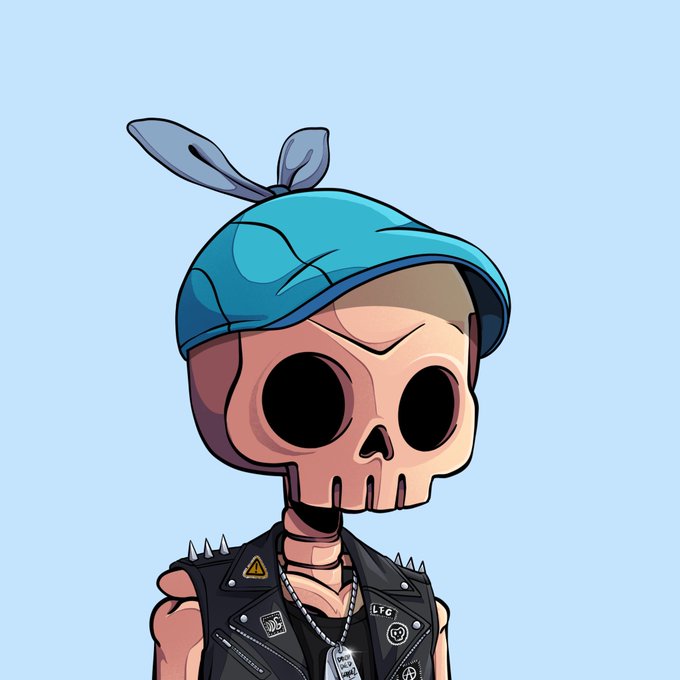 The image features a cartoon depiction of a skull wearing a biker jacket with a bandana around its neck. The skull has a serious expression as if it's contemplating something or observing its surroundings. The background appears to be blue, which contrasts nicely with the skull and adds depth to the scene. There are no texts present in the image, but there is a caption that reads "Yugen Rugged bad, and made people lose their money and trust on other projects But there was one project and a founder who stepped forward to help the affected ones and heard them Thank you so much @NftBroc and @DedGorgez".