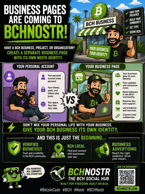 A promotional infographic for BCHNostr announces the launch of "Business Pages," encouraging BCH business owners to create separate pages with their own Nostr identities. It contrasts a personal account with a business page, highlighting features like verified businesses, BCH local networking, and business advertising, with the tagline "Real Businesses, Real Community, Real Bitcoin Cash" and a call to join the movement via BCHNostr.com.