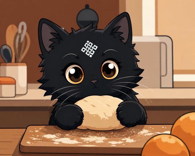 An illustrated chibi-style black cat with large brown eyes kneads a ball of dough on a wooden kitchen surface, with a small QR-code-like symbol on its forehead.