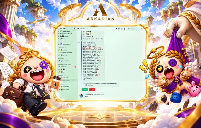 A colorful promotional graphic for 'ARKADIAN' featuring two cute cartoon mascot characters (one holding a briefcase labeled 'AI' and another being held by a giant hand) surrounding a screenshot of a leaderboard chat interface on Discord.