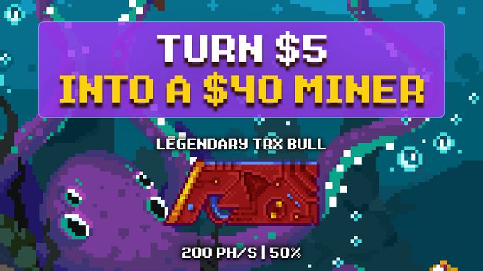 A pixel-art graphic advertises "TURN $5 INTO A $40 MINER" featuring a "LEGENDARY TAX BULL" with specs "200 PH/S | 50%" on a purple background.