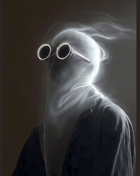 A surreal, high-contrast black-and-white image shows a glowing, ghostly figure with bright round goggles obscuring its face, wearing a dark coat against a dark background.