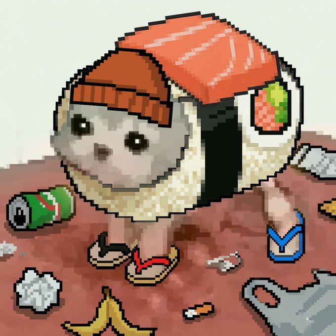 A pixel art character wearing a piece of salmon sushi on its head stands among trash like cans and banana peels on a dirt ground.
