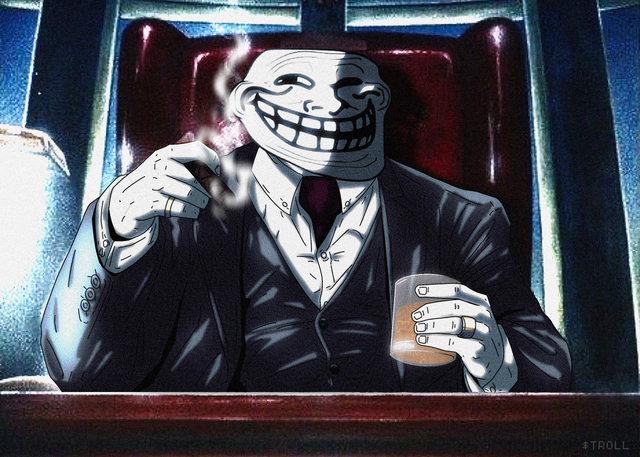 A masked figure in a suit sits in a high-backed chair, holding a cigar and a glass, embodying the iconic troll meme aesthetic that aligns with the "$TROLL" cryptocurrency branding celebrating internet culture. The image features the watermark "$TROLL" in the bottom right corner, tying the trollface imagery directly to the token's identity.
