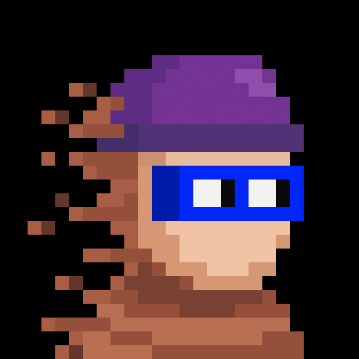 A pixel-art character wearing a purple hat and blue shutter shades appears to be partially disintegrating or glitching on the left side, symbolizing the "crypto privacy" theme relevant to the post about securing an early spot on the snarklist (a zk-SNARKs project) at a 1.5 ZEC mint price.