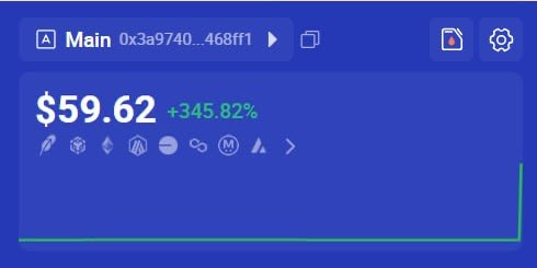 A digital wallet interface showing a balance of $59.62 with a +345.82% increase, tied to a wallet address starting with 0x3a9740...468ff1 and displaying various crypto icons.
