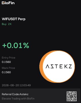 The image is a BloFin trading receipt showing a WIFUSDT Perp "Buy 2x" position with a +0.01% gain, entry and mark price of 0.1560, timestamped 2026-08-20, featuring the "ASTEKZ" logo and referral code. It visually promotes the BloFin referral link for WIF perpetual trading mentioned in the caption.