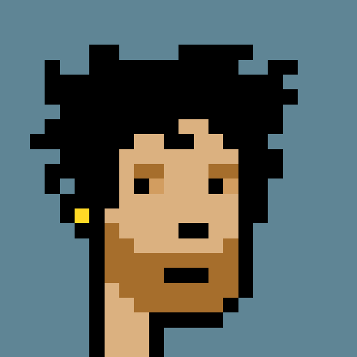 A pixel art portrait of a person with dark curly hair, brown skin, and a small yellow earring against a blue background.