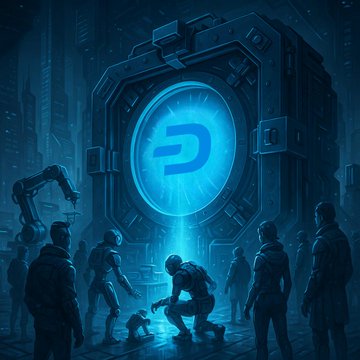 A digital illustration in blue tones showing a group of people gathered around a glowing vault or portal displaying a D-shaped logo, with a robotic arm visible on the left.
