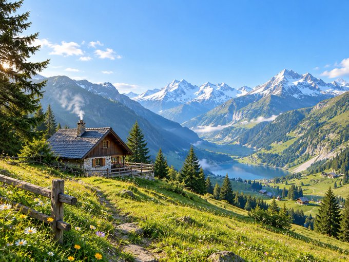 A picturesque alpine landscape shows a rustic wooden cabin with smoke rising from its chimney, set against snow-capped mountains and a green valley dotted with wildflowers.