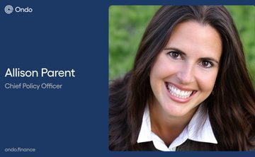 A professional headshot-style photo of Allison Parent, Chief Policy Officer at Ondo (ondo.finance), displayed on a dark blue background.