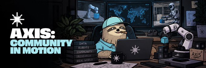 A banner illustration titled 'AXIS: COMMUNITY IN MOTION' featuring a sloth wearing a cap at a computer surrounded by books about data and robots.