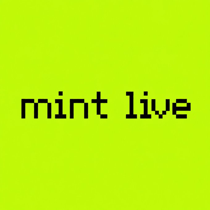 The image features the text "mint live" in a pixelated, retro-style black font against a bright lime green background. This visually aligns with the post announcing that the "mint live" page is now available on OpenSea, likely promoting the launch of a new NFT collection.
