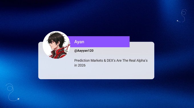 The image features a poster with a cartoon character, likely a boy or a girl, wearing a red shirt and holding a sword. The poster has text that reads "Agree With Me Or Not, But 2026 is all about Prediction Markets & DEXs Peojects Like @Polymarket & @variational_io Will Cook & Most people will realize it late just like they always do." This message seems to be related to the post on Twitter.
