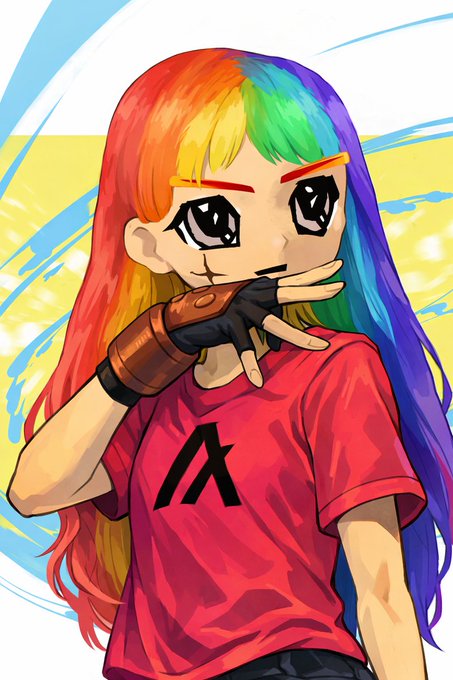 A cartoon-style illustration of a girl with rainbow-colored hair, large eyes, and a brown glove, wearing a red shirt with a black logo resembling the Avalanche (AVAX) symbol.