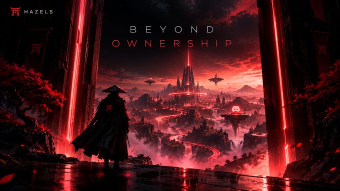 A dark red science-fiction game-style scene titled “BEYOND OWNERSHIP,” showing a cloaked figure facing a futuristic glowing city framed by monumental red-lit pillars.