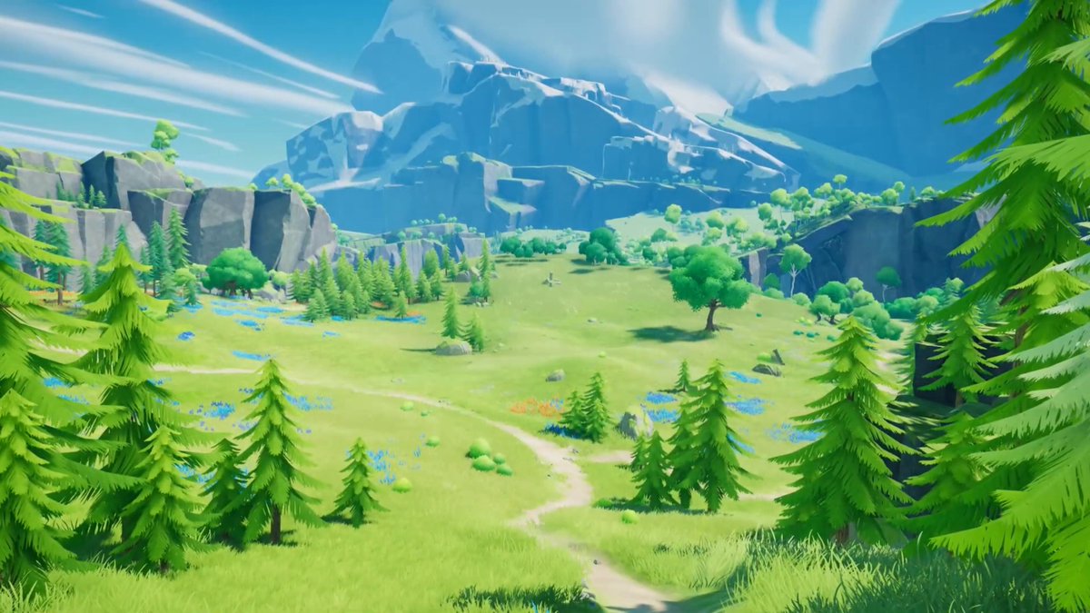 The image shows a beautiful landscape with mountains, trees, and grass. The scene appears to be from a video game or animation, as there are elements of nature like trees and rocks that give it an immersive feel. The caption for the image reads "You've seen the first glimpse Now imagine survival crafting with progression, exploration, and rewards built into the experience We're cooking something exciting for the GameReq ecosystem on @Yellow #GameReq". This suggests that there is a connection between the landscape in the image and the gaming or animation world. The caption also mentions "more details soon", which implies that there might be more content related to this scene, such as gameplay mechanics or additional characters.