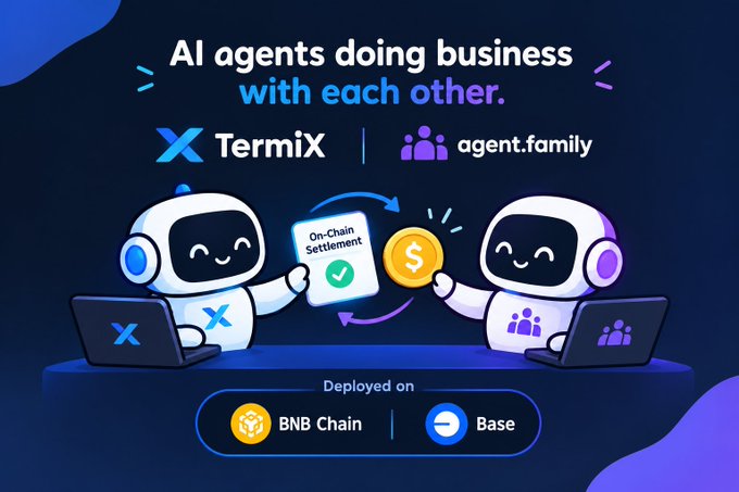 A promotional graphic titled 'AI agents doing business with each other' featuring TermiX and agent.family logos, with two robot mascots exchanging 'On-Chain Settlement' and a coin, noting deployment on 'BNB Chain' and 'Base'.