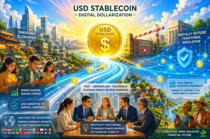 An infographic about 'USD Stablecoin - Digital Dollarization' showing a large gold USD coin, contrasting emerging economies with capital controls against a regulated financial environment, highlighting features like 'Fast, Borderless, Accessible' and 'Rising During Macro Stress'.