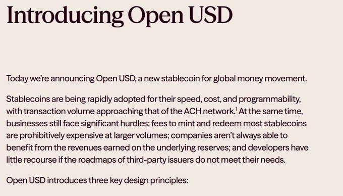 The image shows an announcement titled "Introducing Open USD," describing it as "a new stablecoin for global money movement" with three key design principles to address issues like high mint/redeem fees and lack of reserve revenue benefits for businesses. The post referencing "XRP XLM" suggests this Open USD stablecoin announcement is positioned as competition in the cross-border payments space where Ripple (XRP) and Stellar (XLM) already operate.